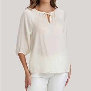 🟠NWT 89TH & MADISON Tie-Neck 3/4 Sleeve Blouse in Cloud Dancer